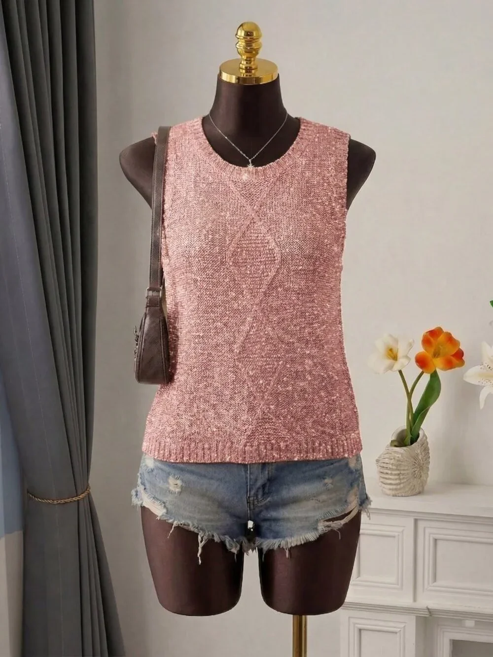 Watermelon Pink Casual Women's Sleeveless Knit Tank Top Round Neck Hemline